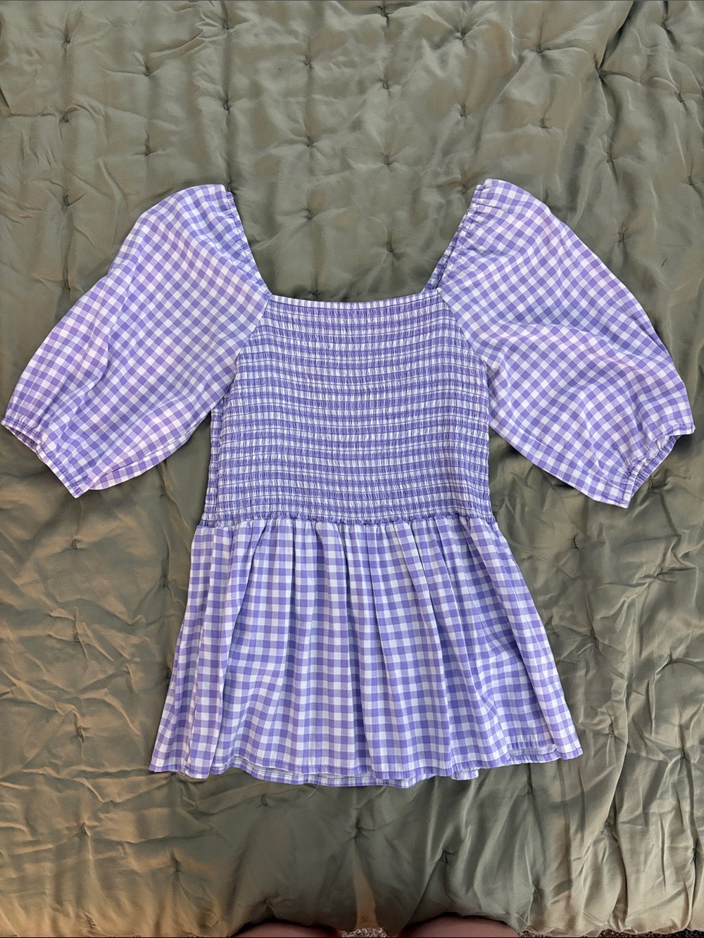 Lavender Gingham Puff Sleeve Peplum Top
